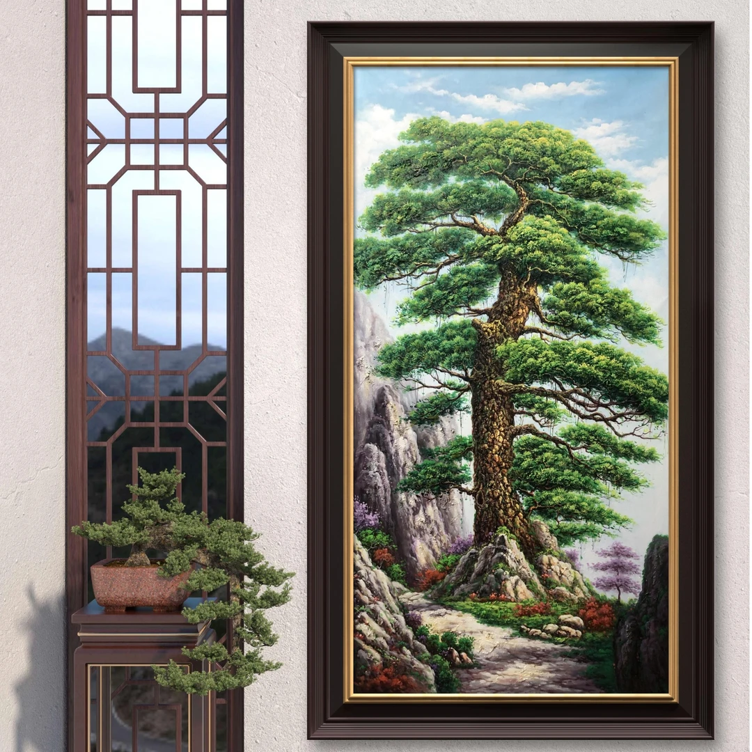 纯手绘油画迎客松风景玄关画入户门走廊过道装饰画厚油肌理挂画