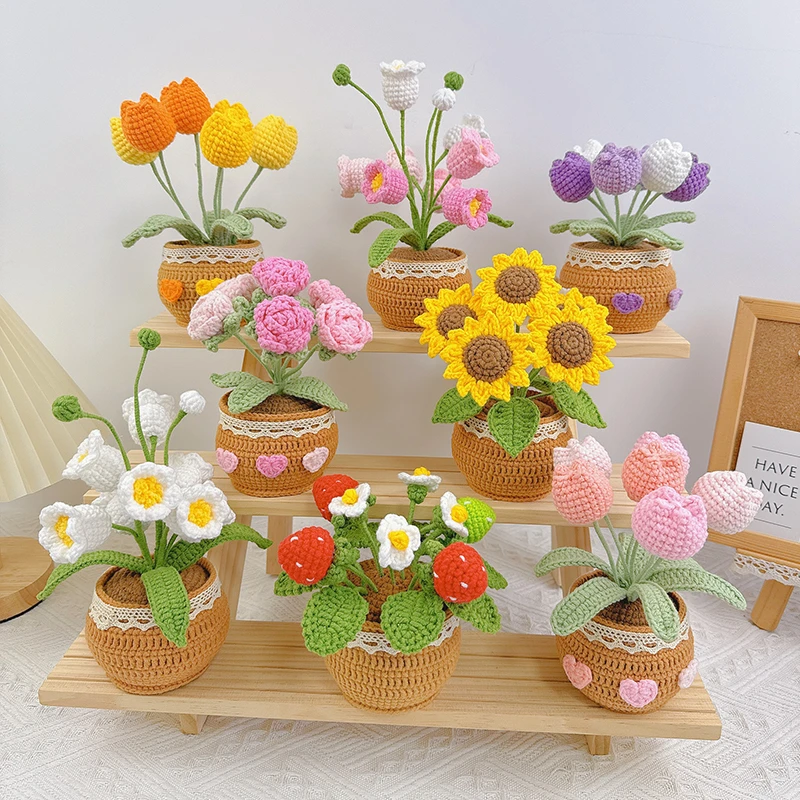 手工编织花束钩织diy材料包向日葵郁金香盆栽摆件永生花成品礼物