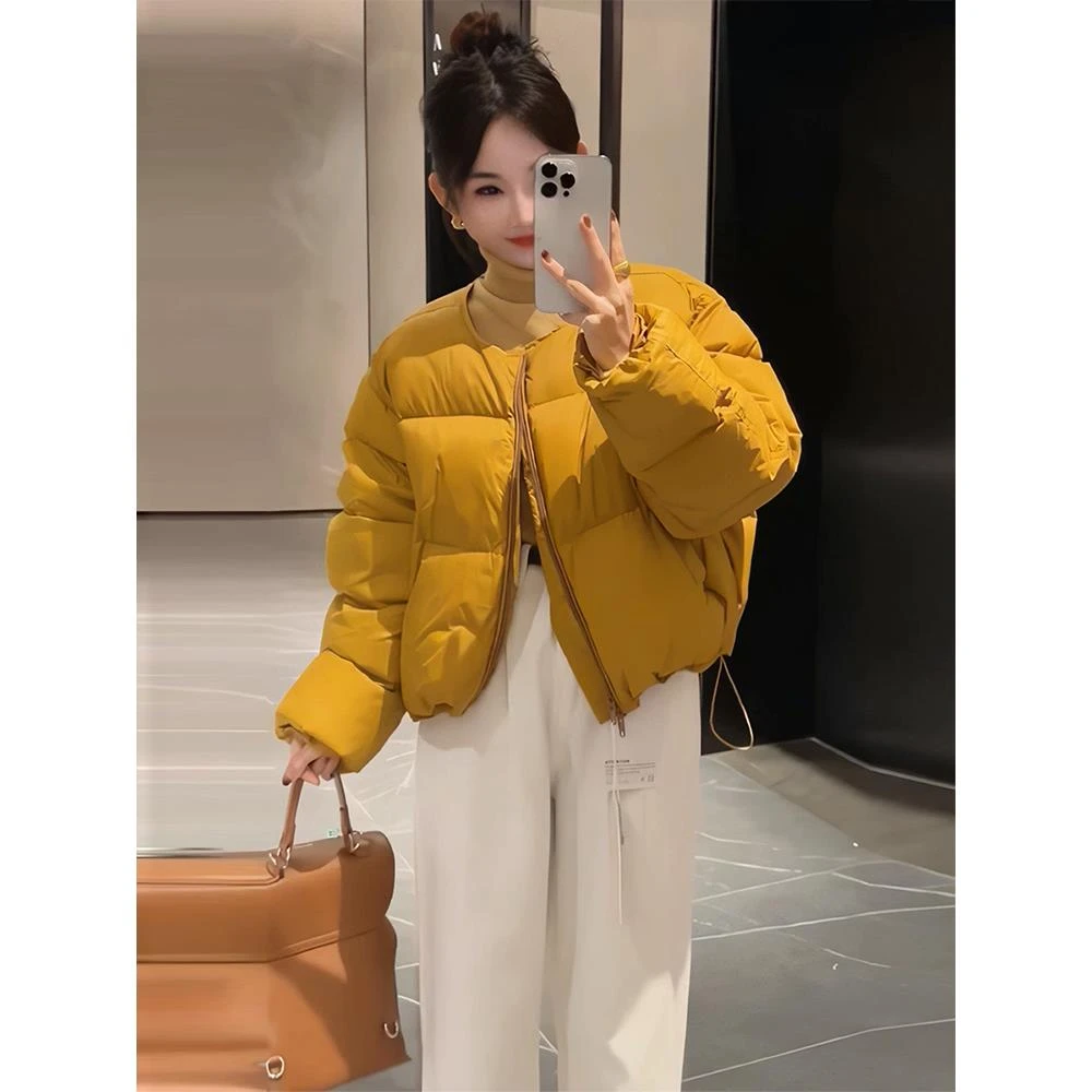 2025秋冬新款气质时尚短款无领羽绒服女小个子面包服白鸭绒外套