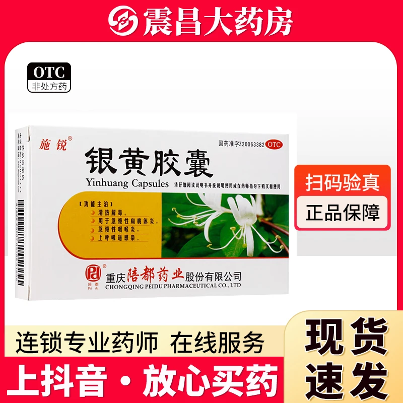 施锐 银黄胶囊0.3g*24粒 清热解毒 用于急慢性扁桃体炎 急慢性咽喉炎 上呼吸道感染