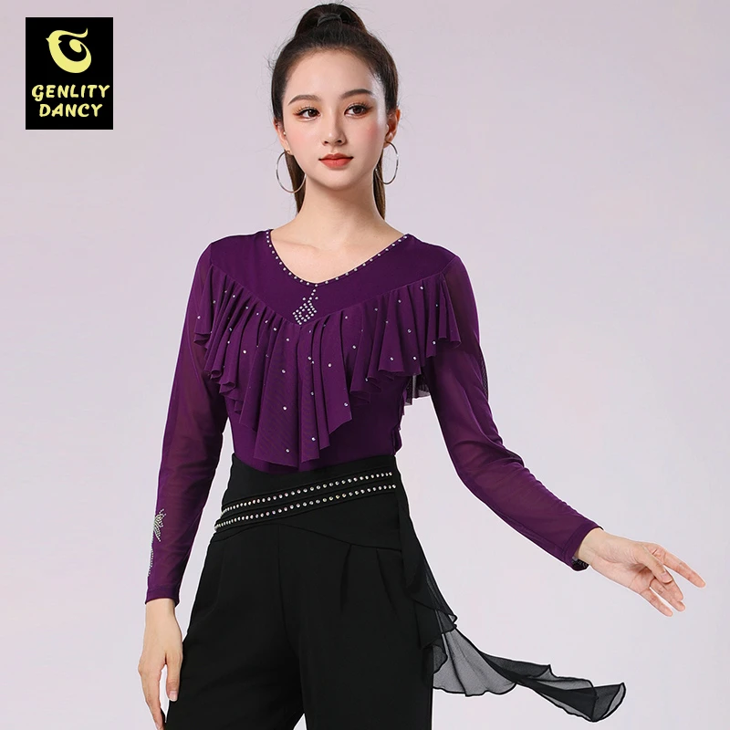 交谊舞上衣女新款时尚烫钻荷叶袖吉特巴广场舞服装跳拉丁摩登舞衣