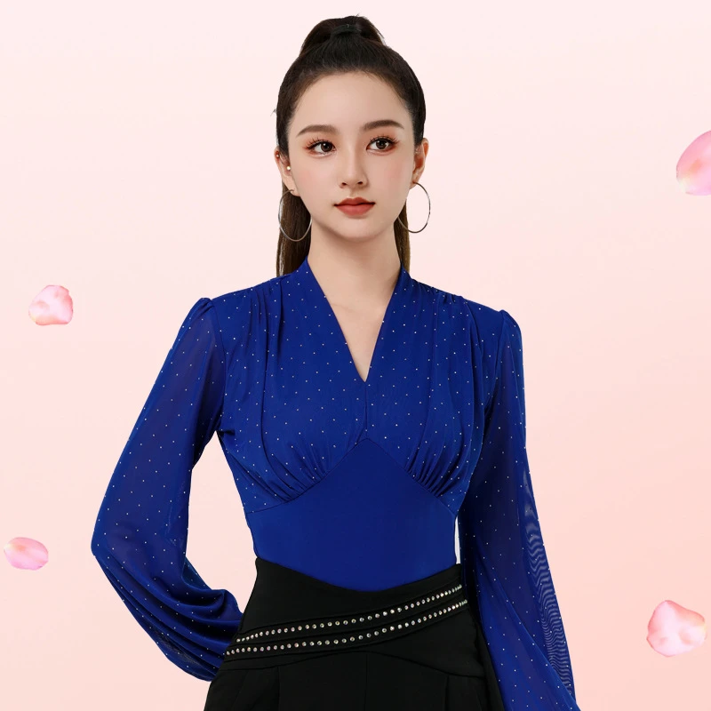 拉丁舞服女士时尚烫钻新款舞蹈服装狐步舞练功服跳水兵摩登舞上衣