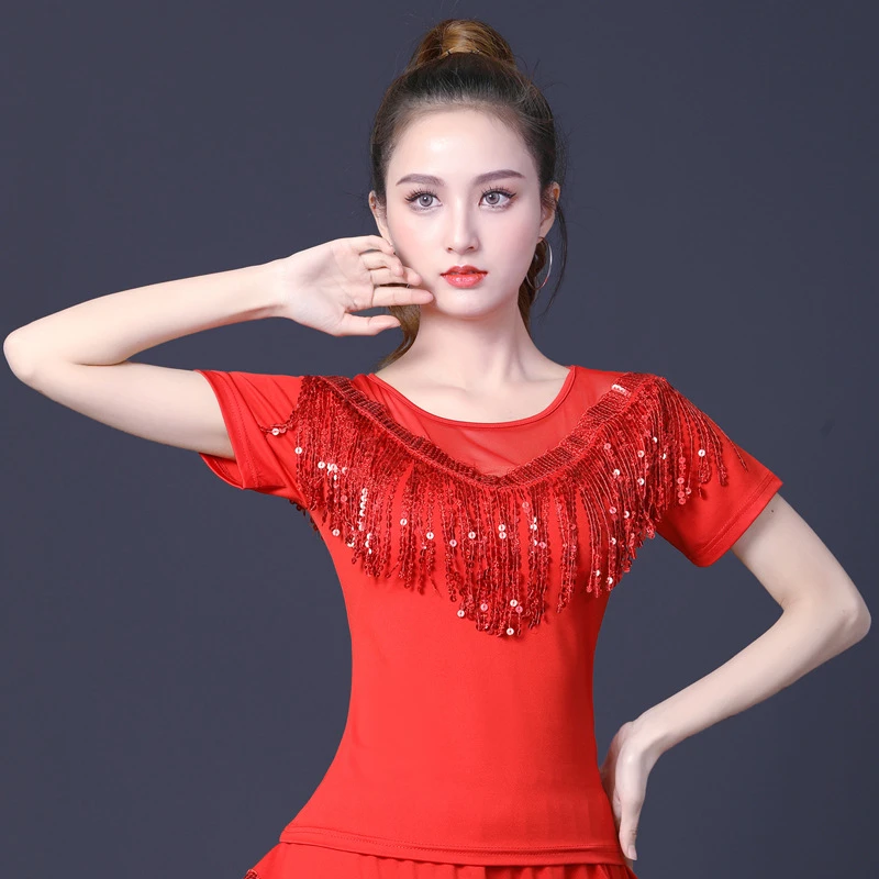时髦亮片拉丁舞上衣女新款摩登国标舞交谊舞练功服广场吉特巴舞衣