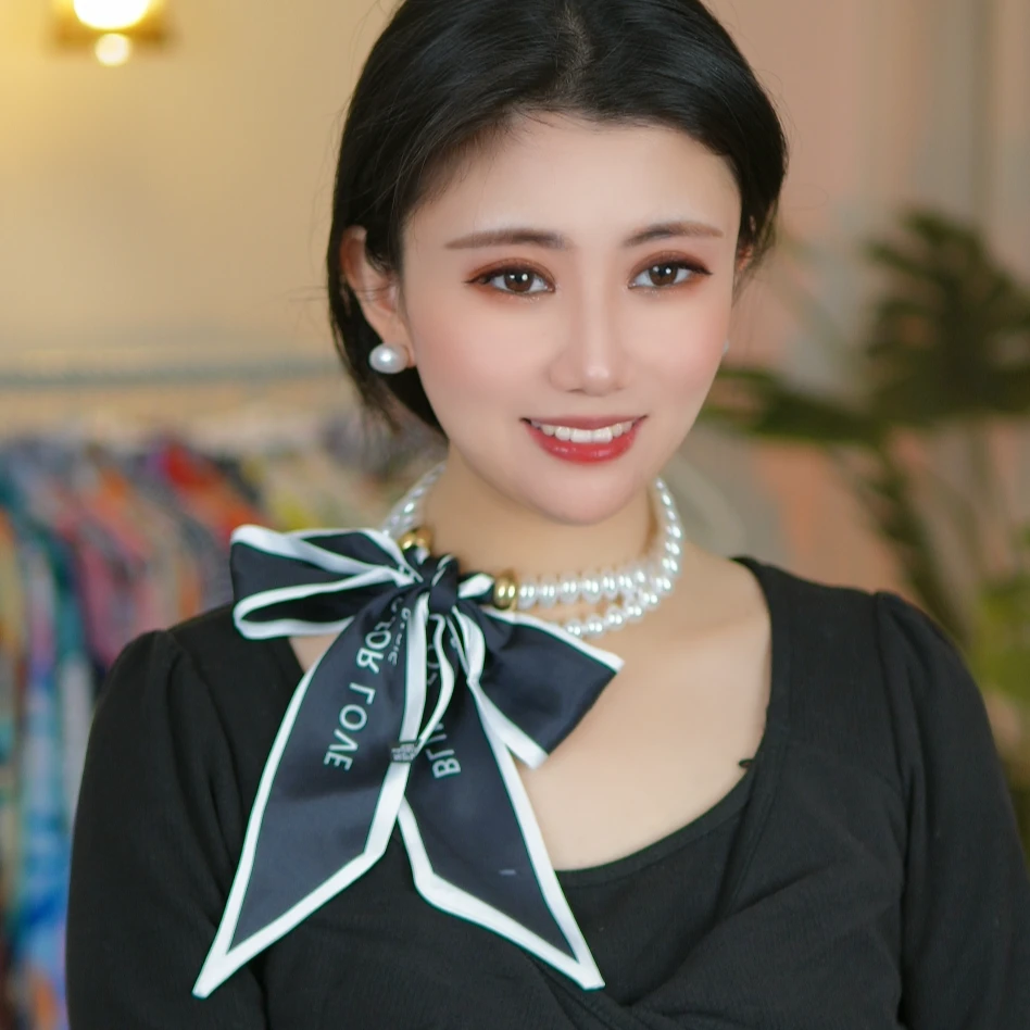 法式复古丝带珍珠丝巾女锁骨链项链韩版装饰绑发带小领巾春夏飘带