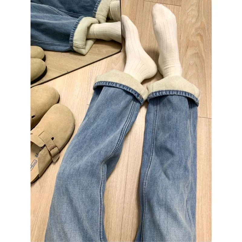 加绒加厚浅蓝色牛仔裤女冬季保暖小个子高腰显瘦百搭直筒拖地裤子