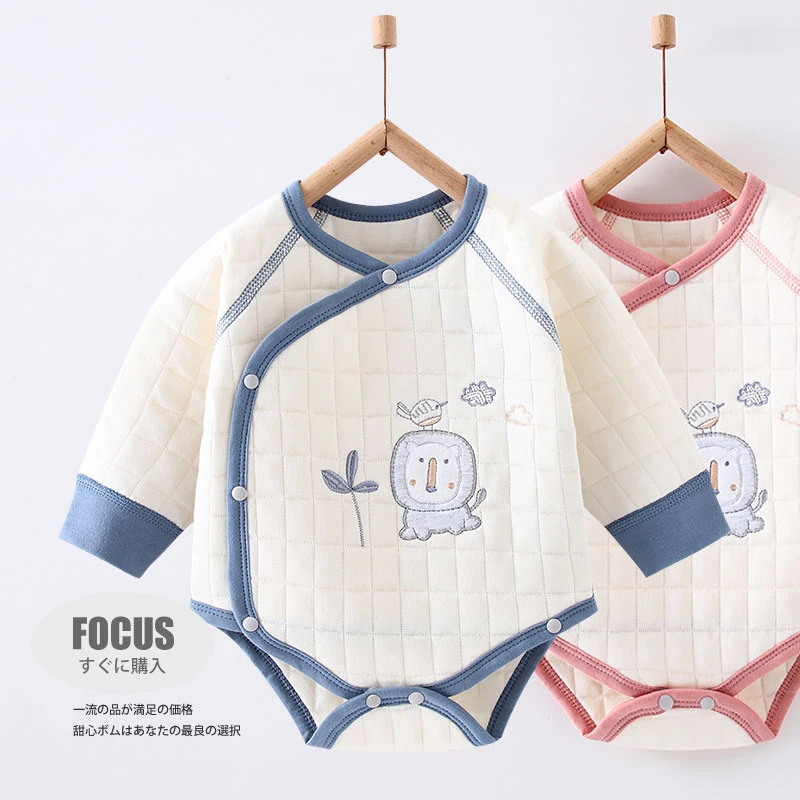 新生婴儿包屁衣冬款纯棉男女宝宝长袖衣服三层夹棉爬服可爱卡通服