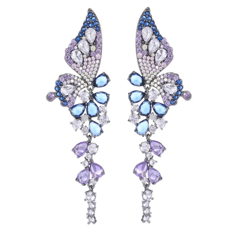 铜合金合成锆石耳饰 Tongse轻奢重工高级感长款水滴蝴蝶耳环