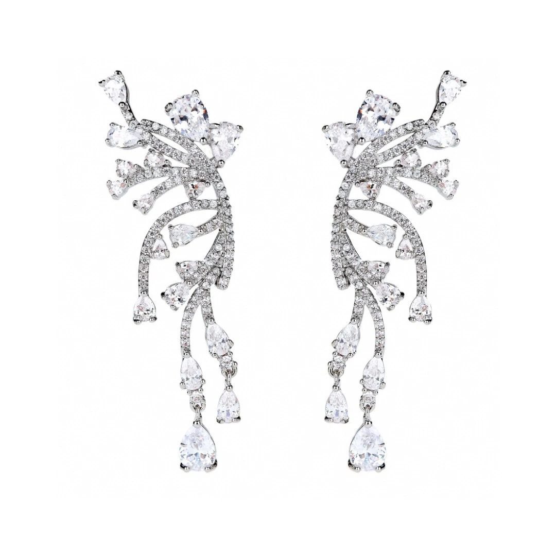 铜合金合成锆石耳饰 Tongse轻奢重工时尚精致立体飞翼流苏耳环