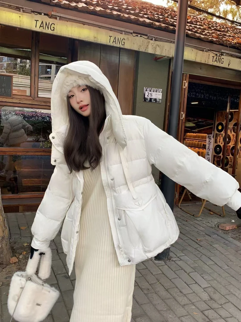 2024冬季新款中长款羽绒服外套时尚韩版加厚抽绳收腰保暖连帽外套