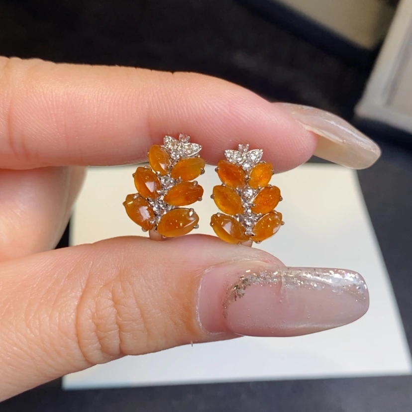【闪购商品】翡翠耳饰18K金镶嵌冰红翡随形麦穗