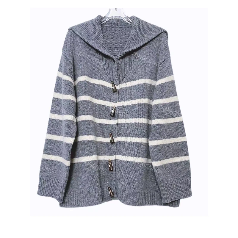 秋冬新款韩系横条牛角扣撞色海军领针织女士宽松针织V领开衫毛衣