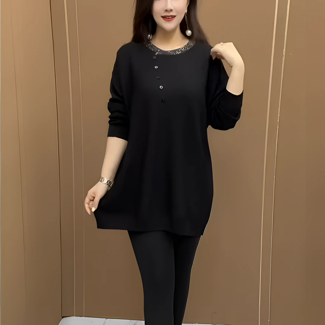 秋冬季时尚女士中长款打底衫毛衣气质简约高档烫钻宽松减龄针织衫