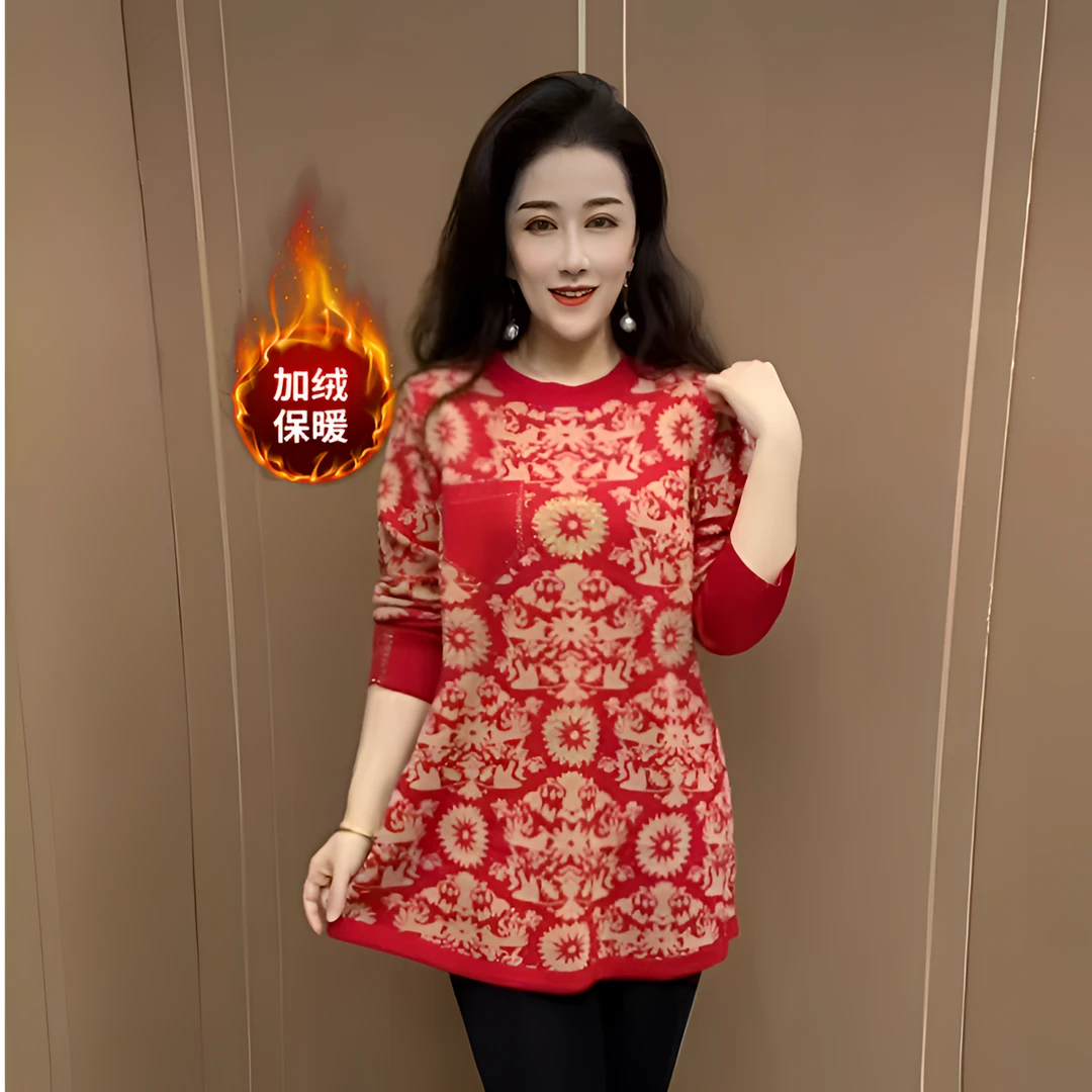 冬季新年款时尚妈妈加绒保暖中长款卫衣高档圆领弹力遮肉休闲女装