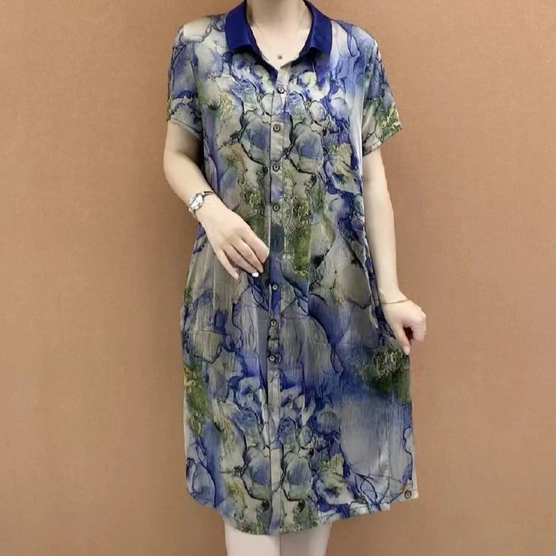女装连衣裙2025夏季新款时尚印花气质减龄遮肉妈妈装宽松遮肚裙子