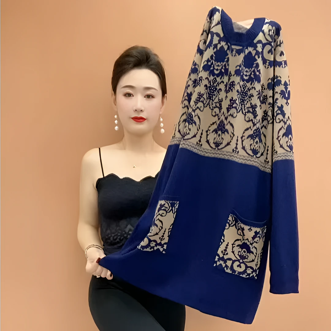 2025冬款时尚女士中国风毛衣高档潮流气质拼接口袋圆领加厚针织衫