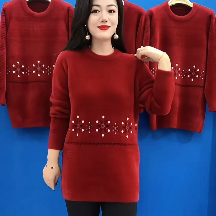 加绒加厚新款高档水貂绒毛衣秋冬款长袖圆领套头中年妈妈装打底衫