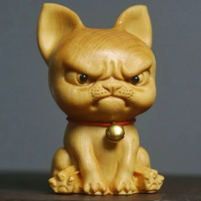 崖柏木雕斗牛犬法斗木质车内小摆件创意可爱小狗生肖狗小朋友礼物