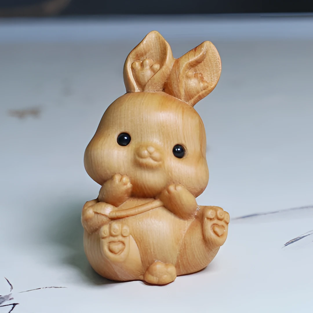 柏木木雕卡通兔子背包兔可爱生肖兔木质小动物车摆件迷你治愈玩具