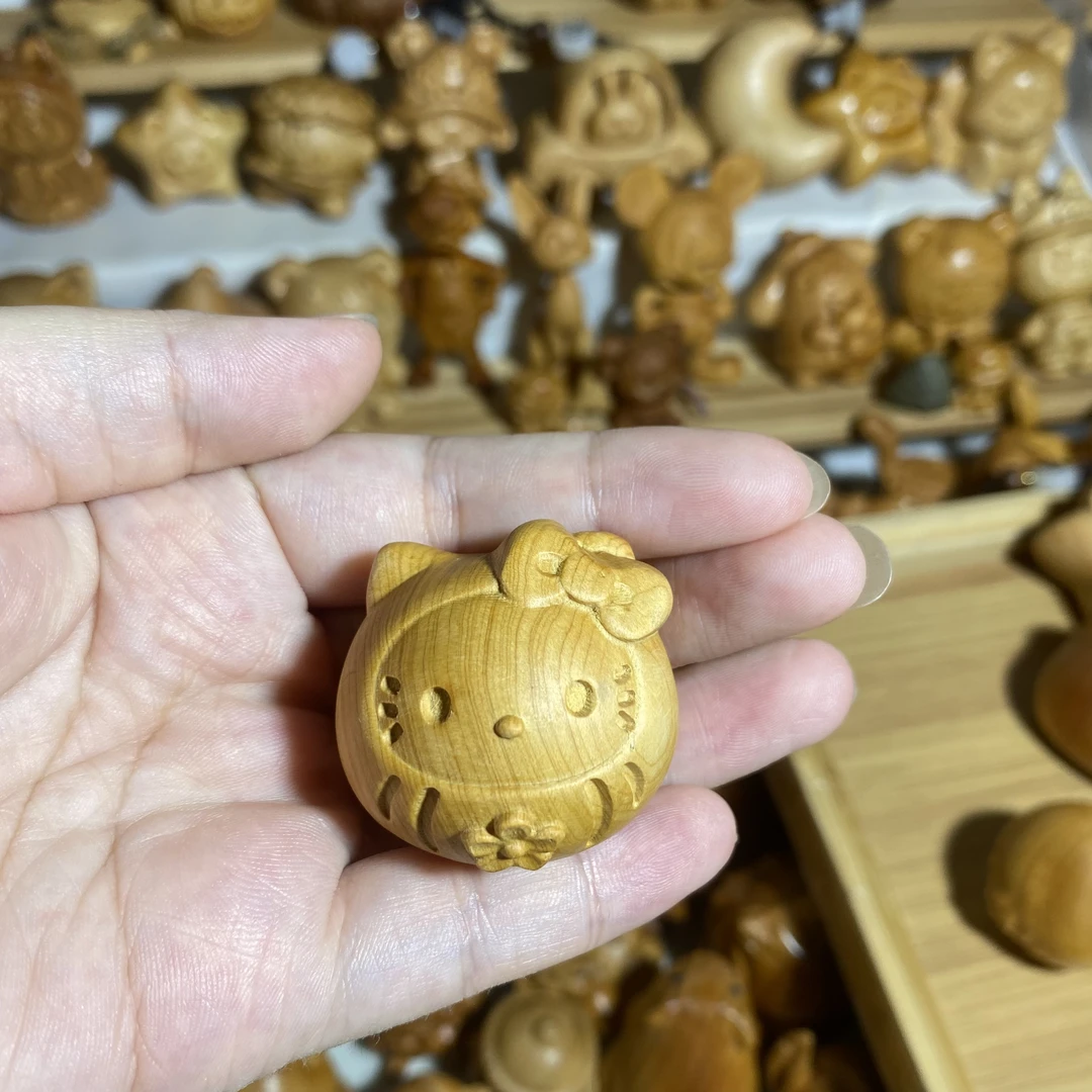 无漆崖柏木雕三丽鸥凯蒂猫头手球文玩盘玩手把件三丽鸥KT钥匙挂件