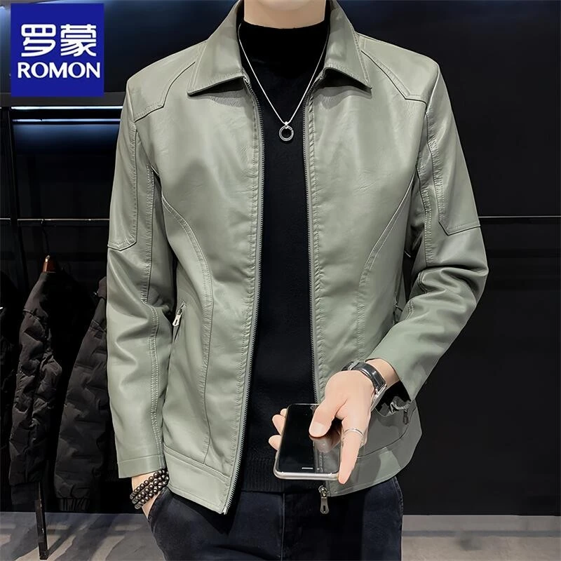 Romon/罗蒙春秋季新款皮衣男士潮流痞帅潮流机车服翻领皮夹克外套