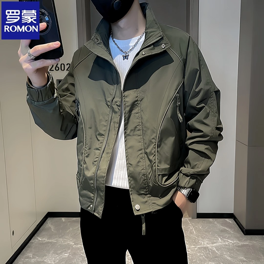Romon/罗蒙男士春秋季新款立领潮牌工装夹克痞帅男装休闲短款外套