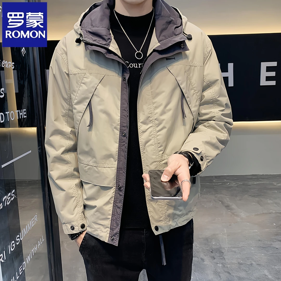 Romon/罗蒙专柜男士春秋季休闲夹克防风冲锋衣帅气连帽工装男外套