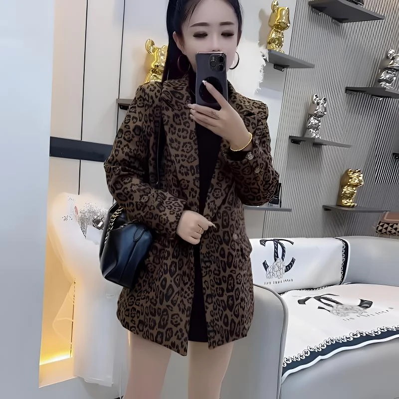 韩版时尚豹纹花气质西服外套2441小香风秋冬百搭轻奢休闲洋气女款