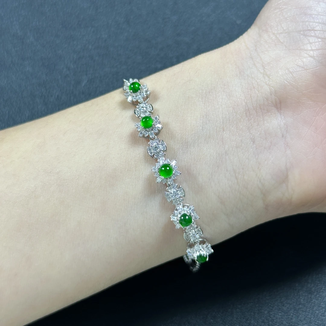 天然翡翠A货蛋面手链满绿冰种定制S925银镶嵌时尚189多样性发一