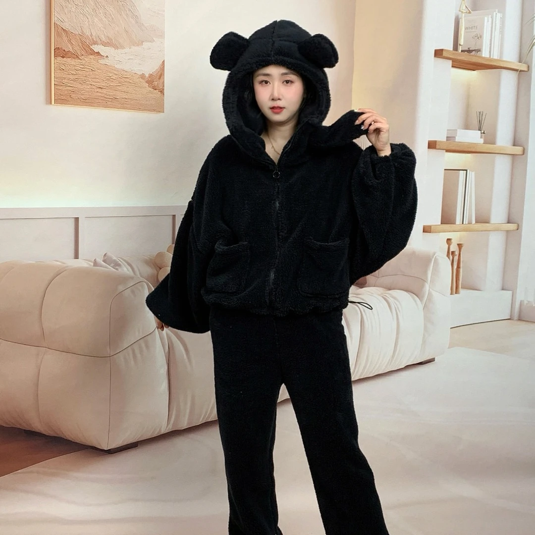 【可外穿式睡衣】冬季蒙面侠连帽加绒加厚居家服休闲韩版宽松高克重