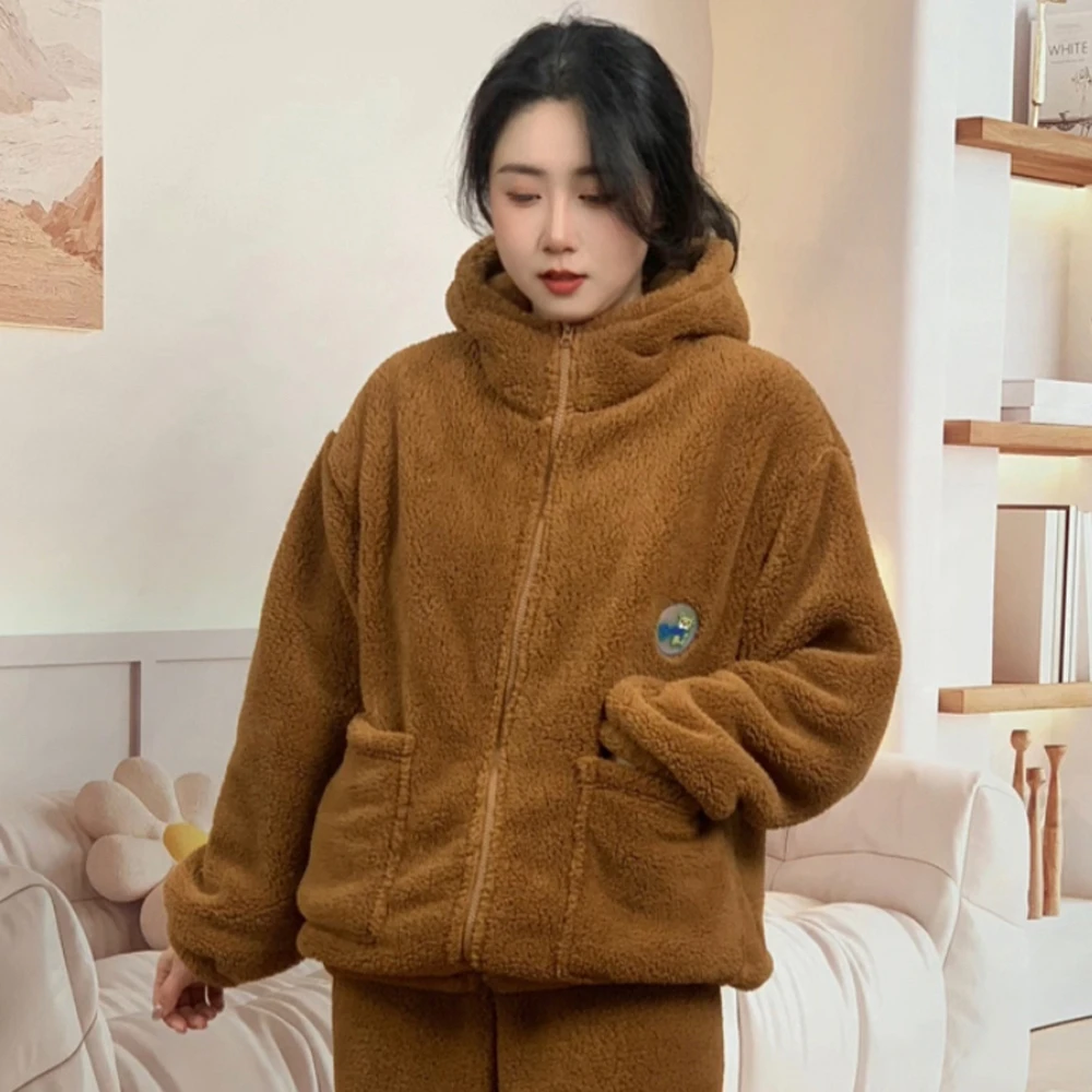 【可外穿】毛绒加厚加绒连帽摇粒绒居家服套装休闲百搭韩版宽松睡衣