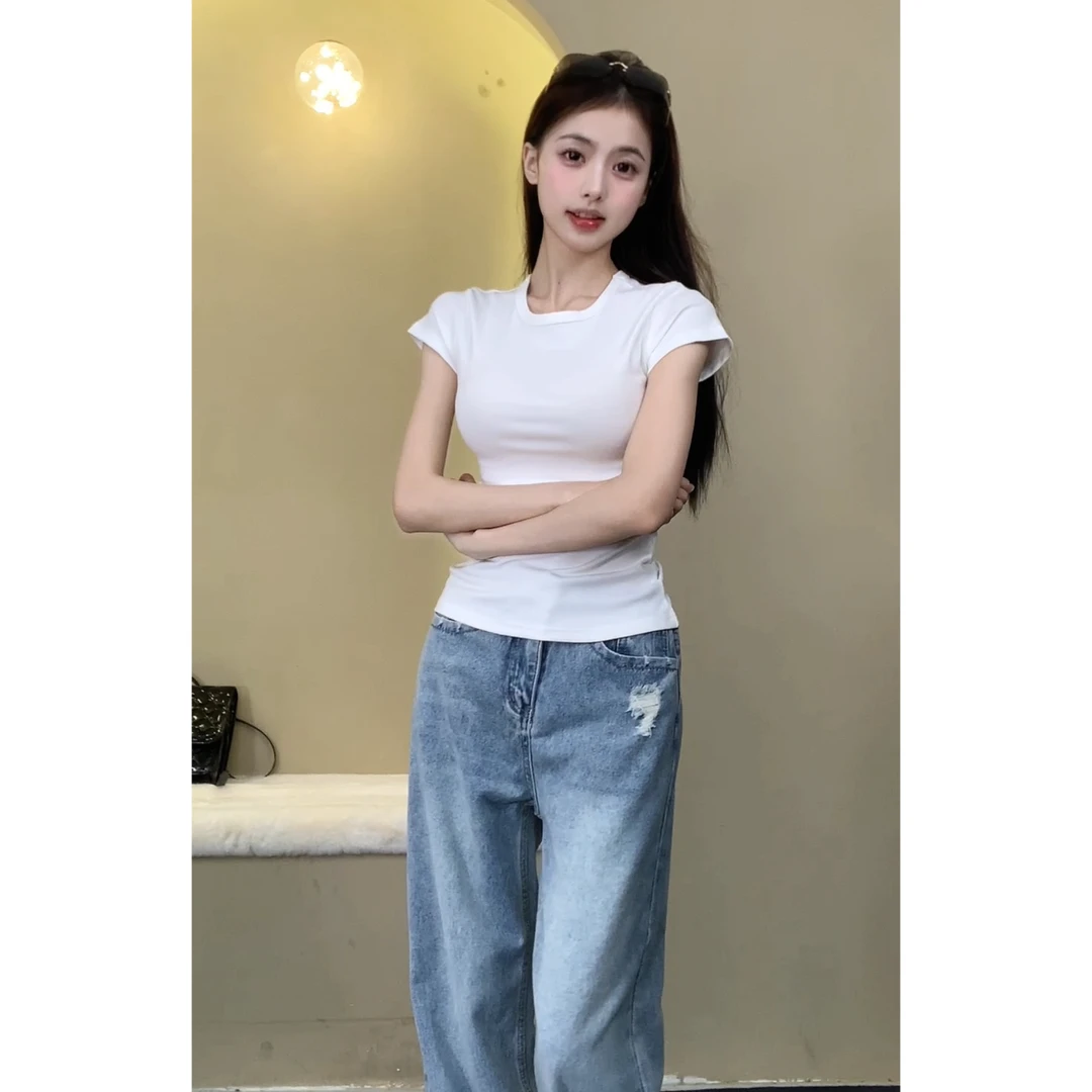 辣妹白色短袖高克重T恤女装夏季2024新款纯欲风短款打底衫上衣