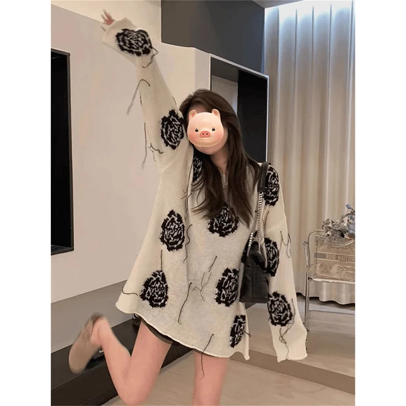 法式小香风玫瑰流苏针织衫女早秋季2024新款宽松薄款绝美百搭上衣