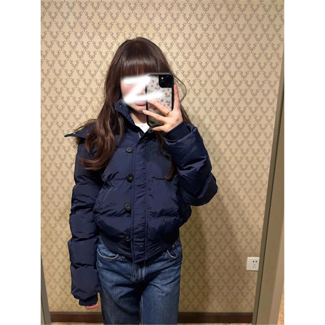 美式藏青色连帽毛领时尚棉服女冬季2025新款加厚保暖短款棉衣外套