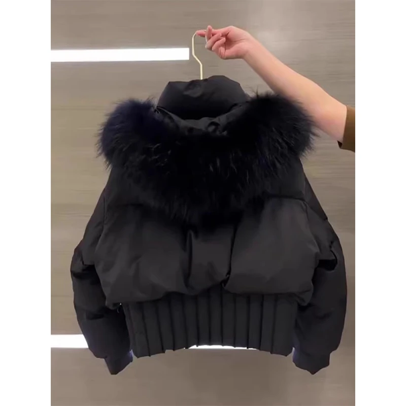 高级感超好看黑色毛毛领棉服女冬季2024新款小个子连帽棉袄厚外套