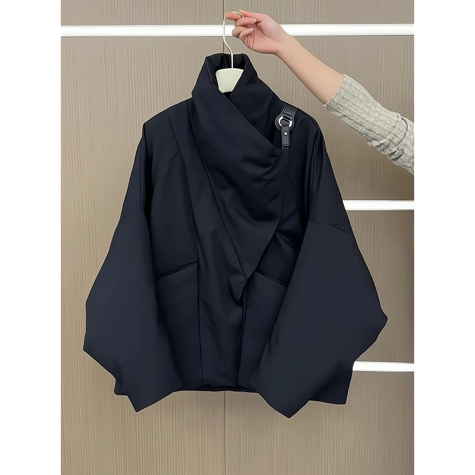 黑色立领不规则棉服女2025冬季新款加厚时尚保暖宽松百搭棉衣外套