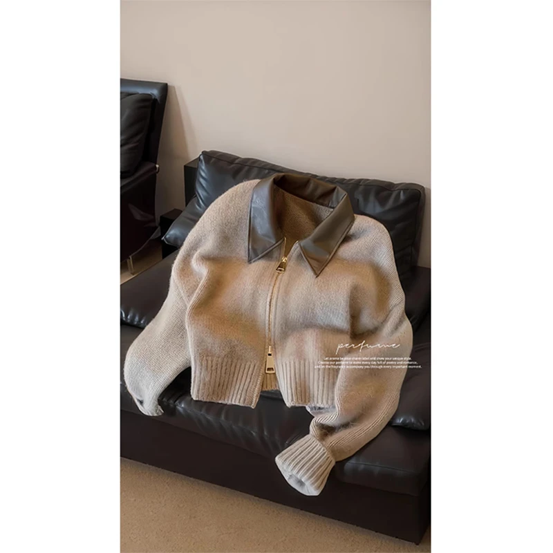 咖色针织开衫女秋季2024新款初秋短款慵懒风毛衣外套高级上衣女装