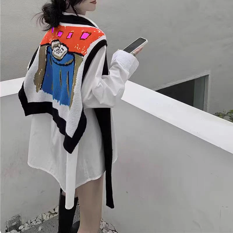 高能感2025小众撞色卡通涂鸦提花叠穿针织披肩两穿套袖毛衣马甲女