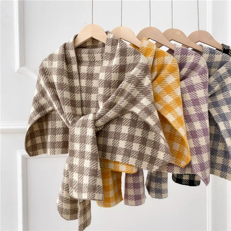 高能感春秋格子围脖装饰围巾针织打结大披肩洋气搭肩百搭装饰护颈
