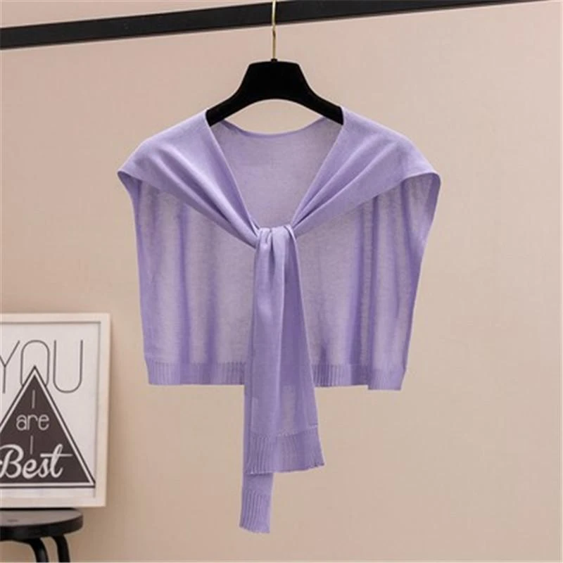 高能感紫色夏季防晒披肩外搭冰丝针织百搭薄款围巾女春秋护颈短款