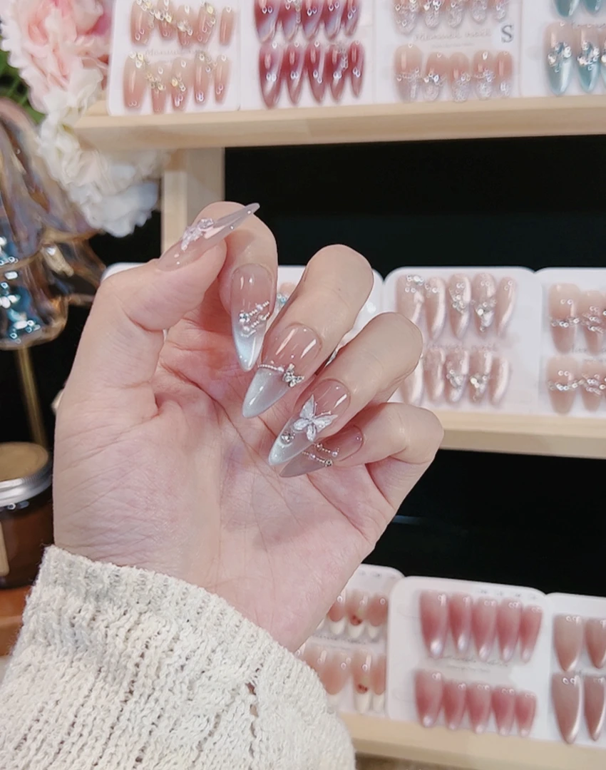 【月下银蝶】猫眼美甲 满钻美甲 手工穿戴甲