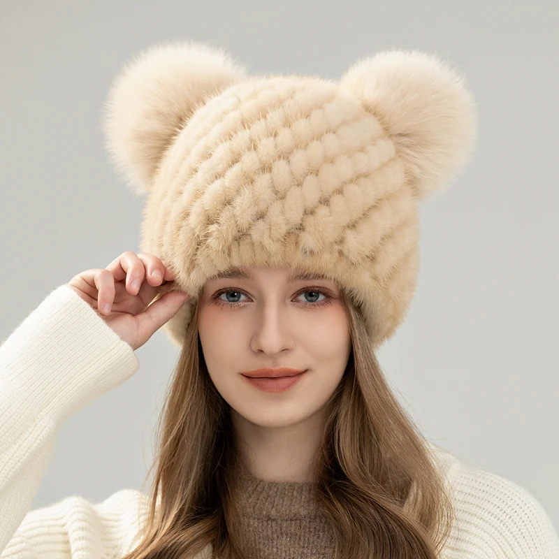 秋冬新款水貂双球皮草帽子狐狸毛球时尚保暖甜美可爱冬季出游滑雪