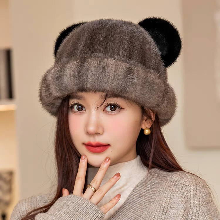 水貂毛米奇耳朵盆帽女冬季新款保暖甜美貂皮礼帽户外出游皮草帽子