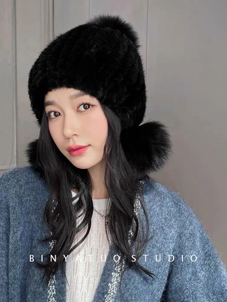 新款水貂毛帽子女秋冬狐狸毛球加厚皮草帽户外出行可爱保暖护耳帽