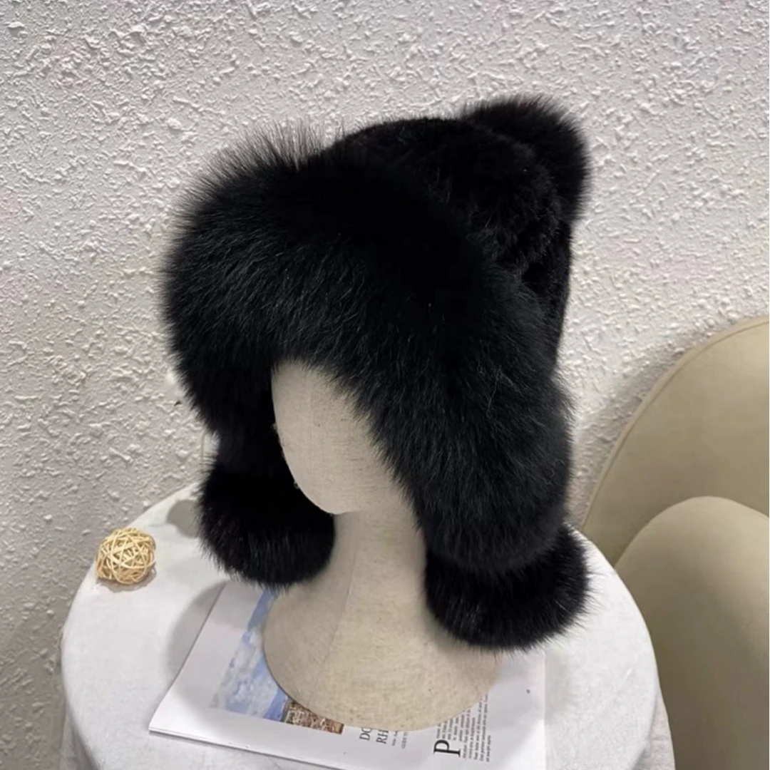 秋冬水貂三球帽狐狸毛边保暖舒适百搭时尚加绒包头冬季时装毛球