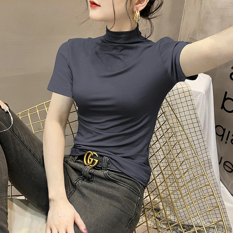 洋气棉女士短袖T恤女新款半高领修身气质薄款打底衫2023春夏上衣