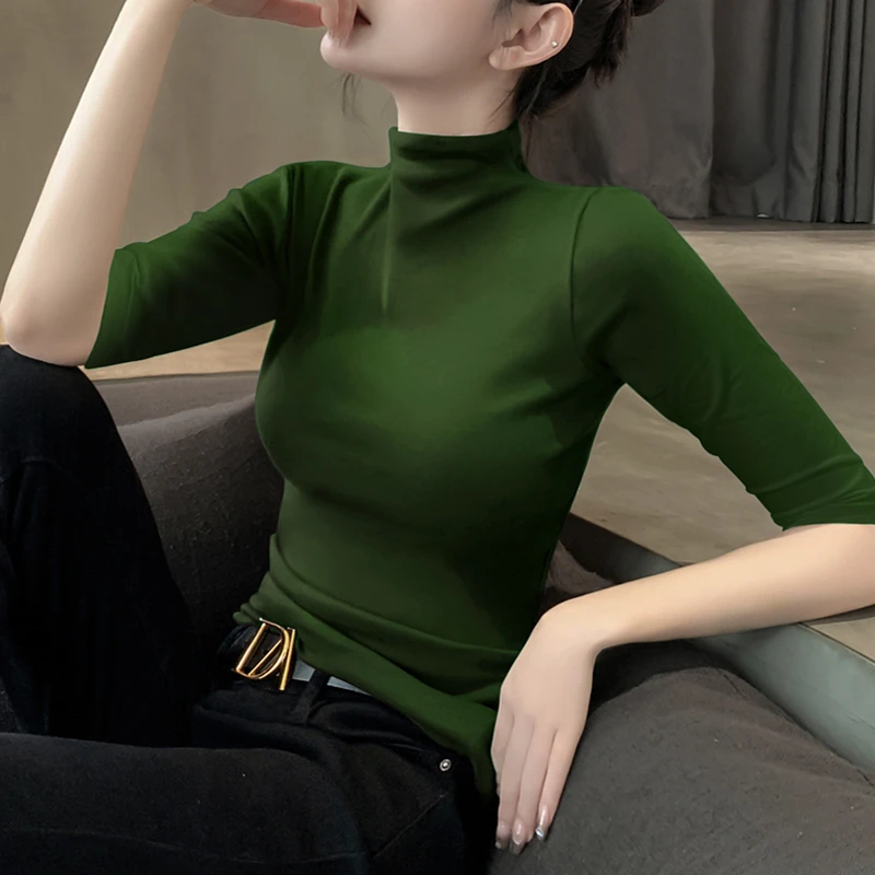 棉半高领打底衫女修身内搭中袖薄t恤新款高端针织螺纹五分袖上衣