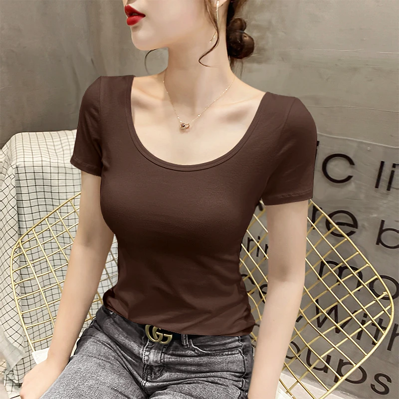 黑色u领莫代尔短袖面膜T恤女夏季大领口修身薄款低领冰丝紧身上衣