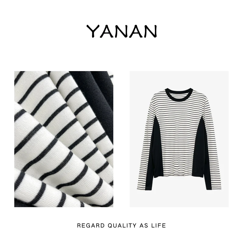 【亚楠本楠】美式配方◆圆领条纹长袖t恤拼接休闲羊毛衫4413