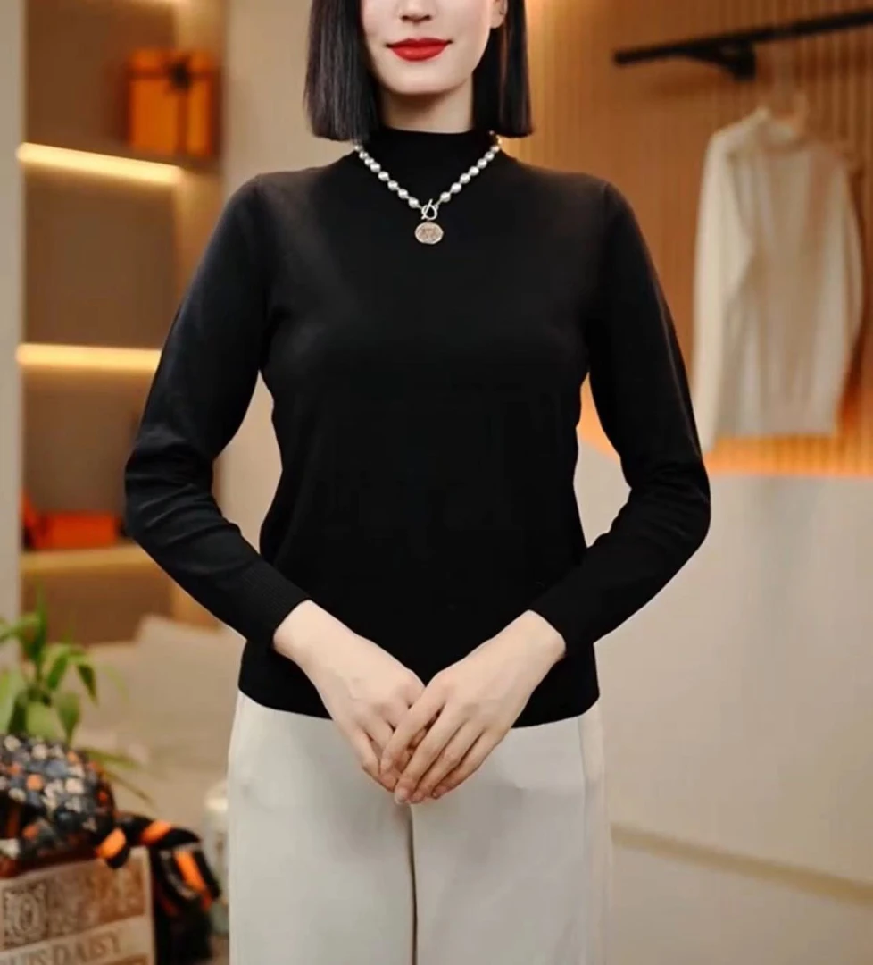 2024秋冬新品高领时尚纯色长袖修身保暖上衣女士打底衫-101