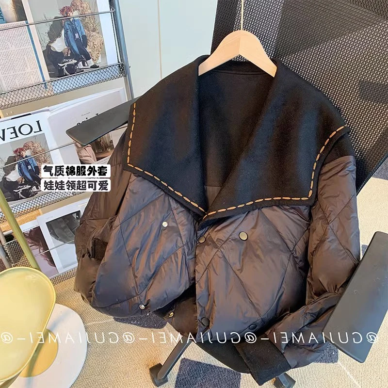 大码女装2023新款拼接棉服大翻领菱格外套女秋冬时尚显瘦加厚棉衣